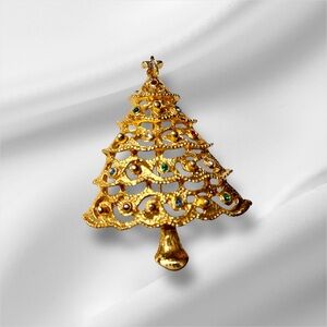 Brooch, Vintage Christmas Tree by JJ Jonette, 80’s, Gold-Tone, Red & Gre…